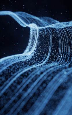 Flowing particles with glowing lines, 3d rendering. Computer digital drawing.