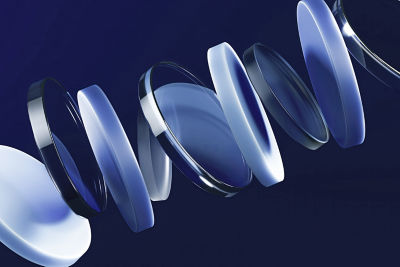 3D rendering abstract of glass circles over navy blue background